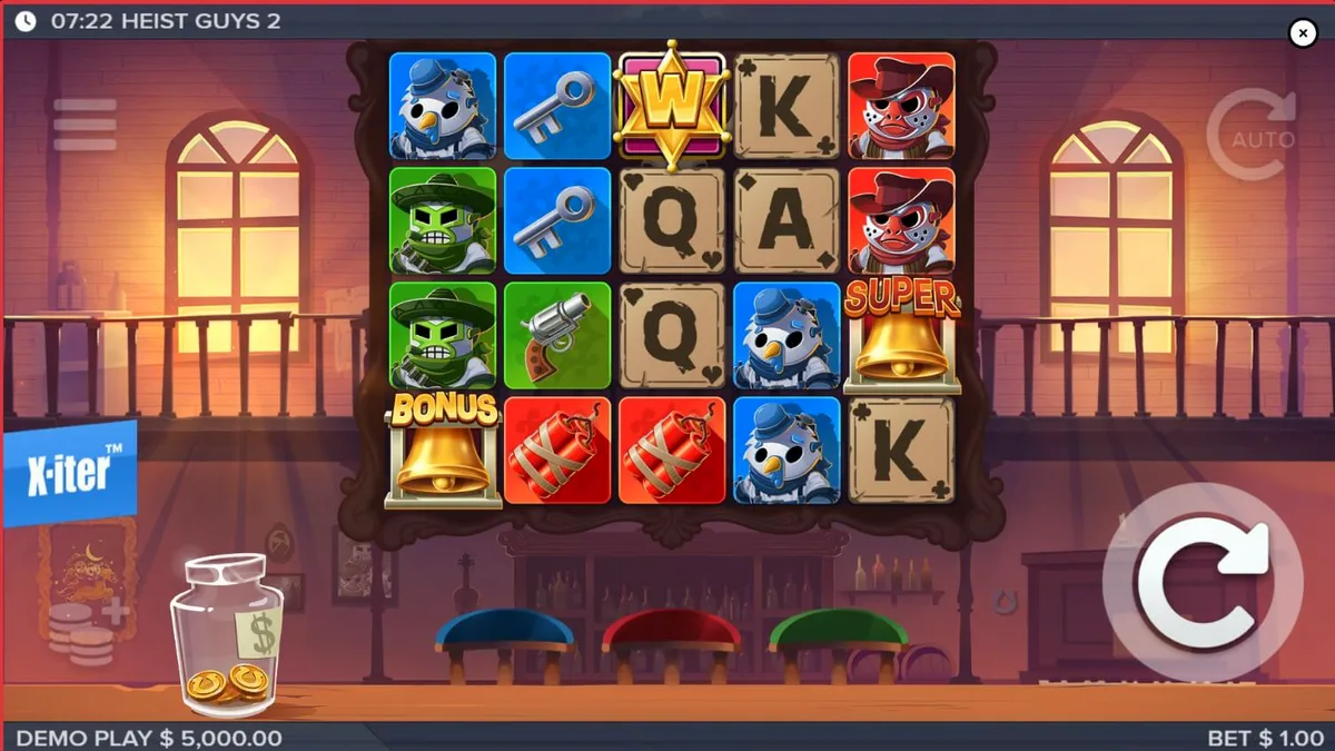Tampilan visual slot Heist Guys 2 dengan tema koboi dan perampokan