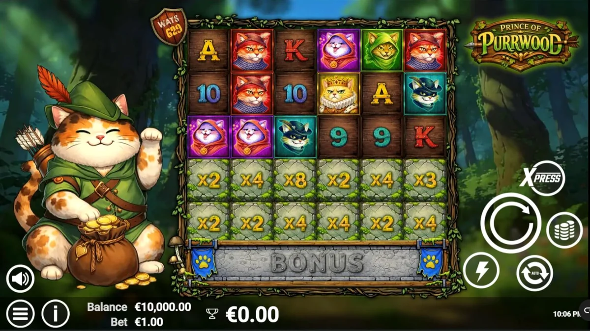 Tampilan visual slot Prince of Purrwood dengan karakter kucing bertema abad pertengahan.